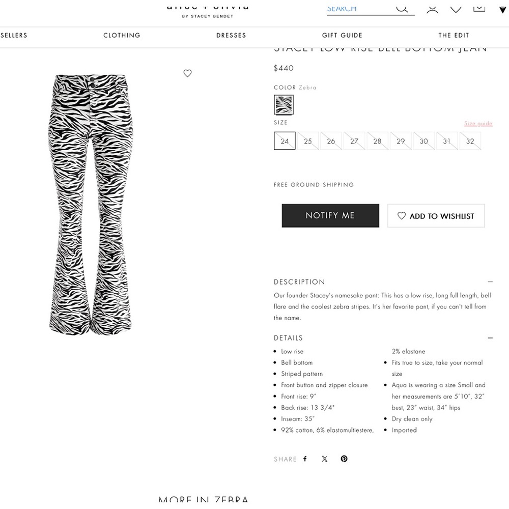 Alice + Olivia Stacey Zebra Striped Low Rise Bell Bottom Jean - Picture 4 of 17
